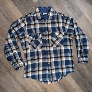 EUC Fieldmaster Flannel Shirt Men's Sz M Blue Tan Plaid Double Pocket Button Up